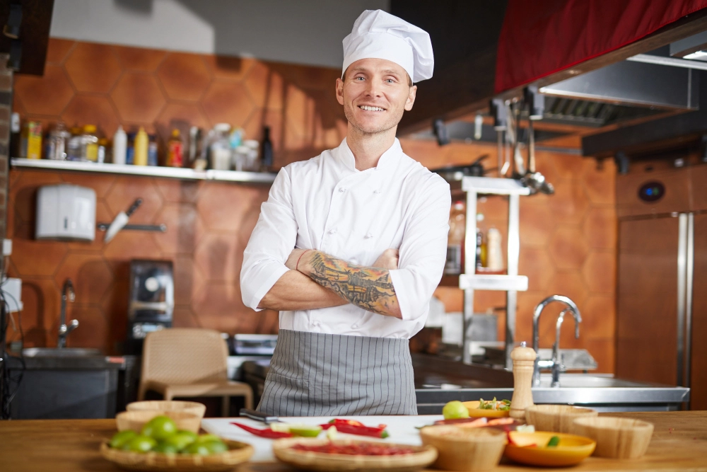 usměvavý šéfkuchař ve své restauraci - kuchyni